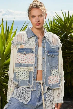 Denim Patchwork Mix Crop Lace Shacket