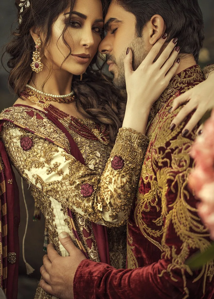 Designer groom and bridal dress in white and maroon color # B3337