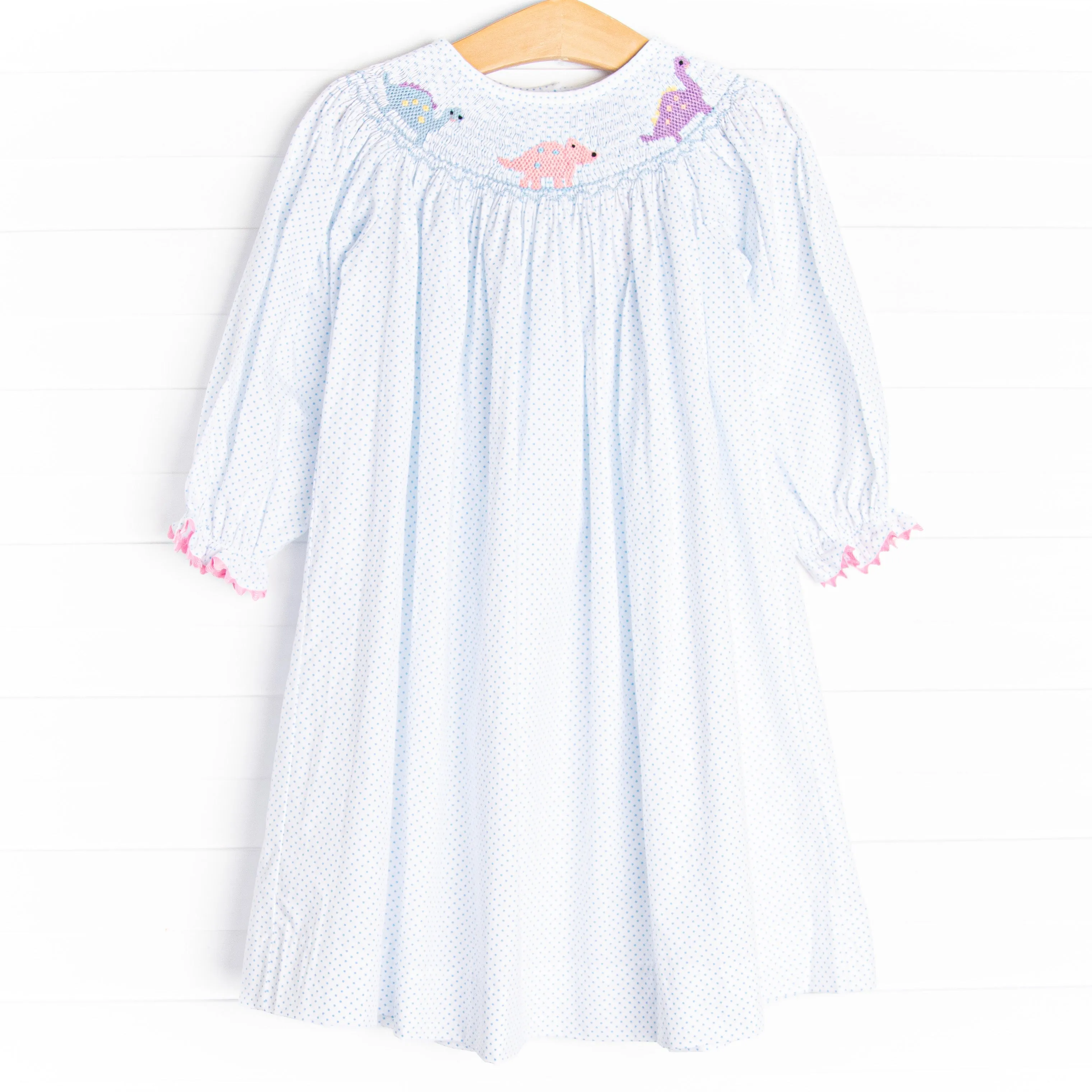 Dino Parade Smocked Dress, Blue