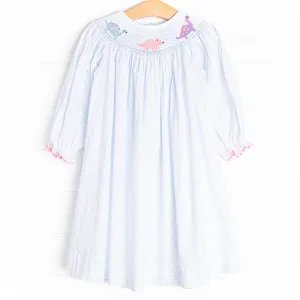 Dino Parade Smocked Dress, Blue