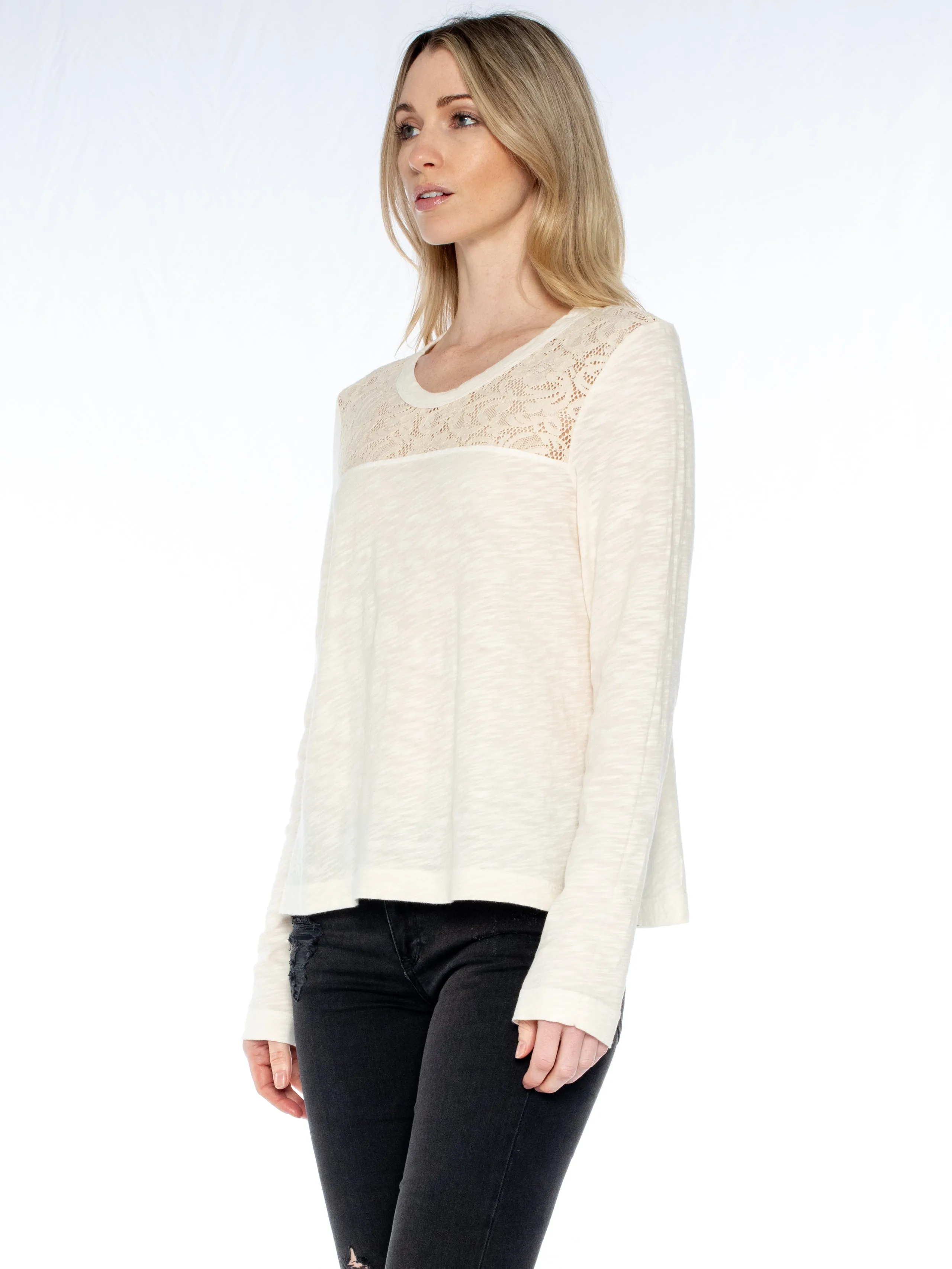 Easy Long Sleeve Crew Lace Yoke Tee
