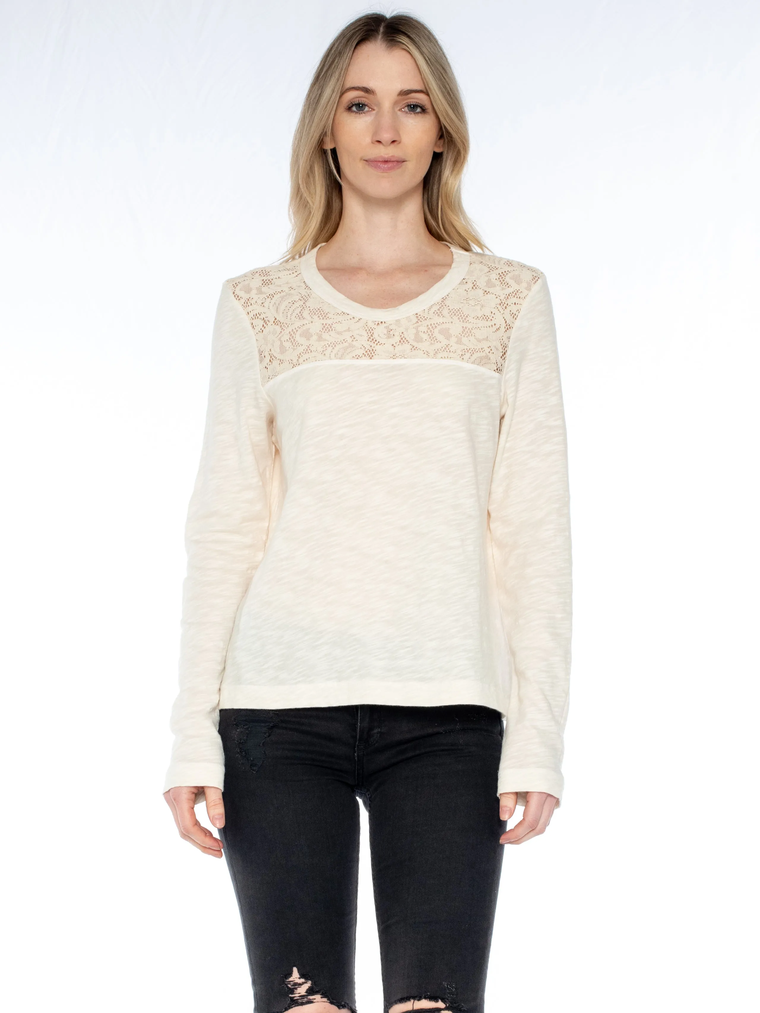 Easy Long Sleeve Crew Lace Yoke Tee