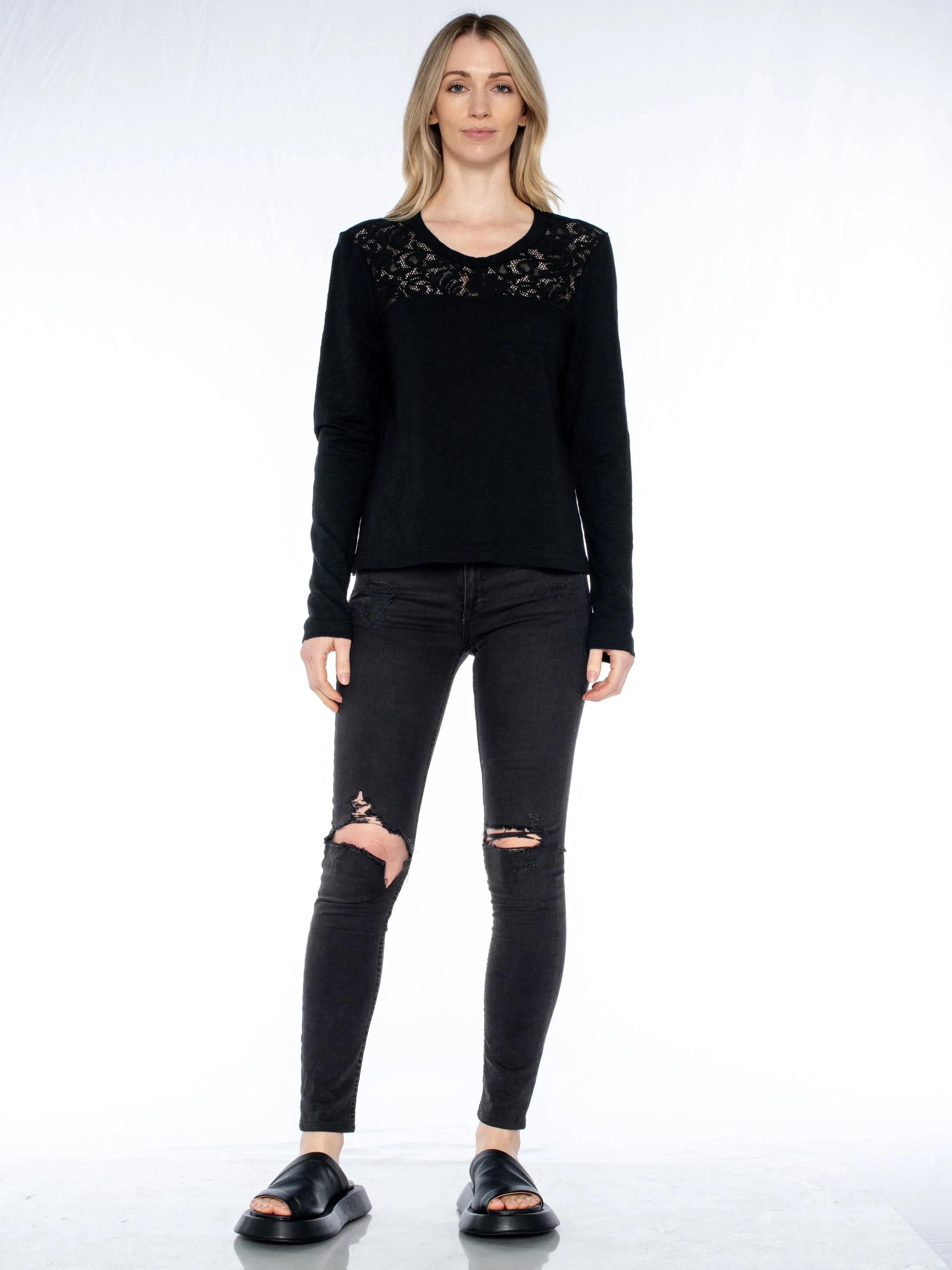 Easy Long Sleeve Crew Lace Yoke Tee