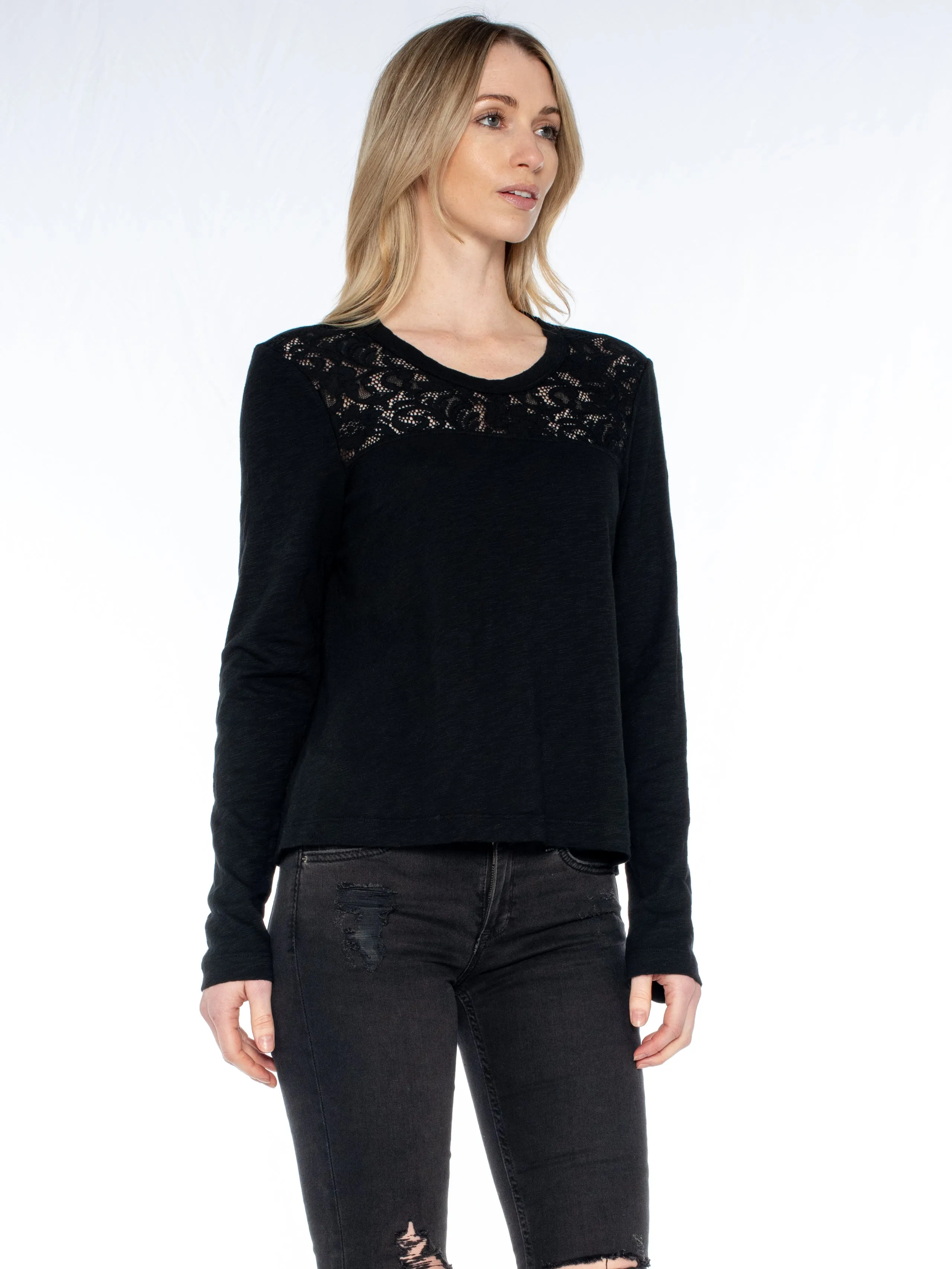 Easy Long Sleeve Crew Lace Yoke Tee