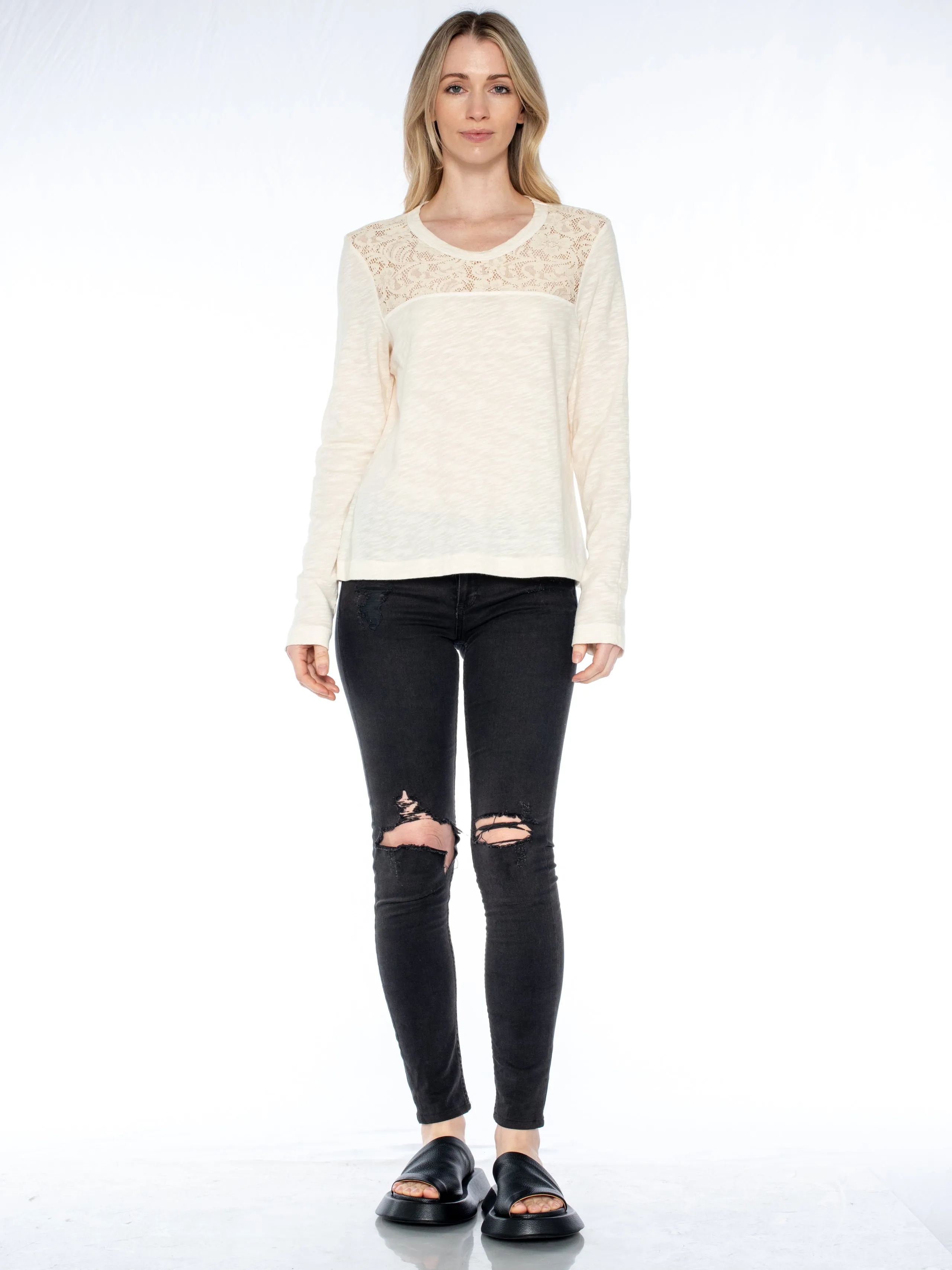 Easy Long Sleeve Crew Lace Yoke Tee