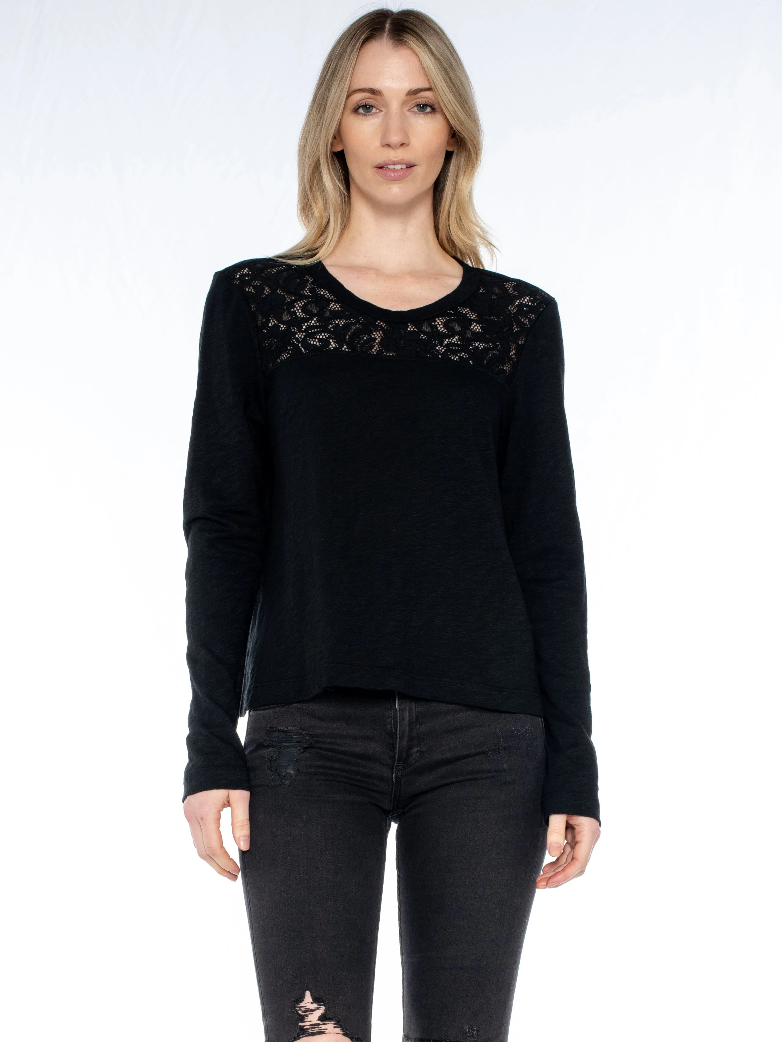 Easy Long Sleeve Crew Lace Yoke Tee