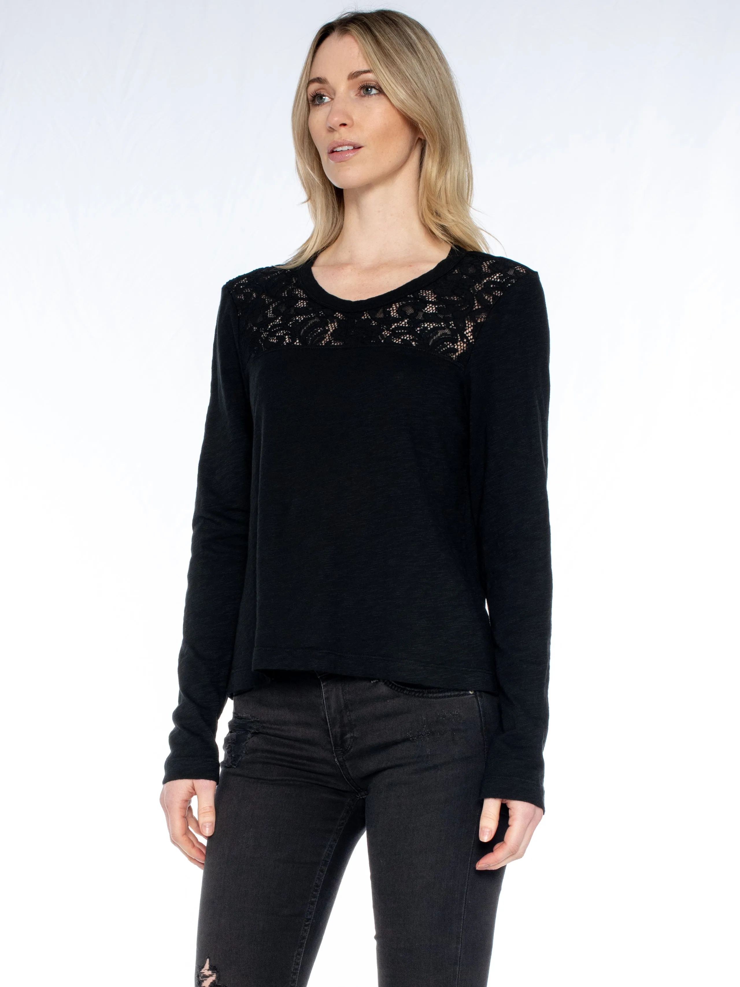 Easy Long Sleeve Crew Lace Yoke Tee