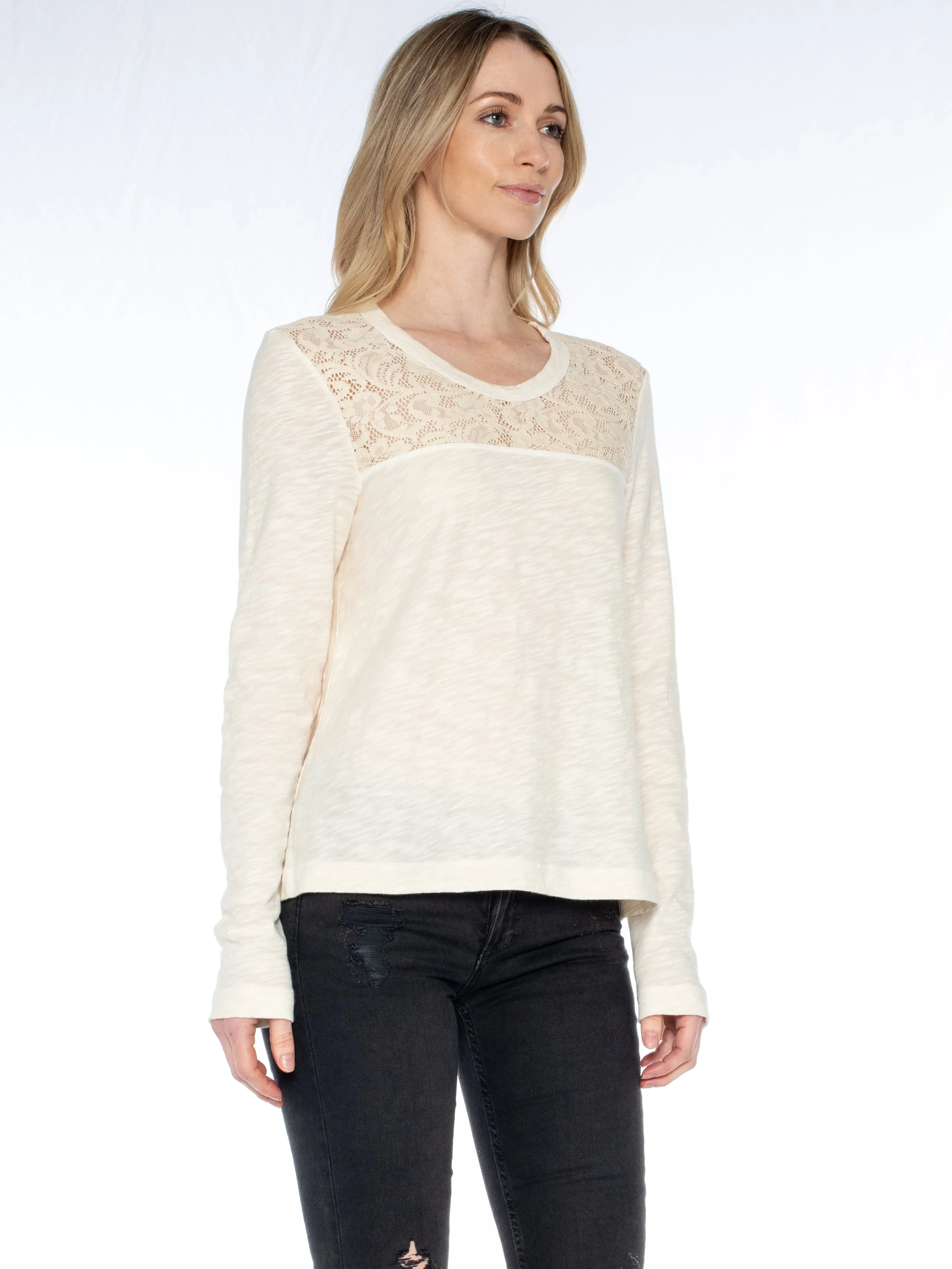 Easy Long Sleeve Crew Lace Yoke Tee