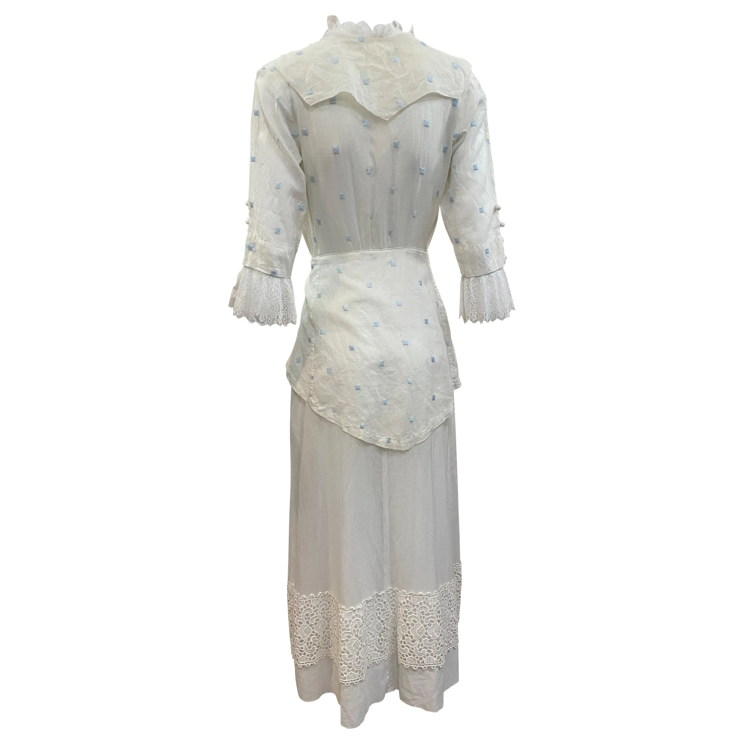 Edwardian White with Hand Embroidered Blue Polka Dot Lawn Dress