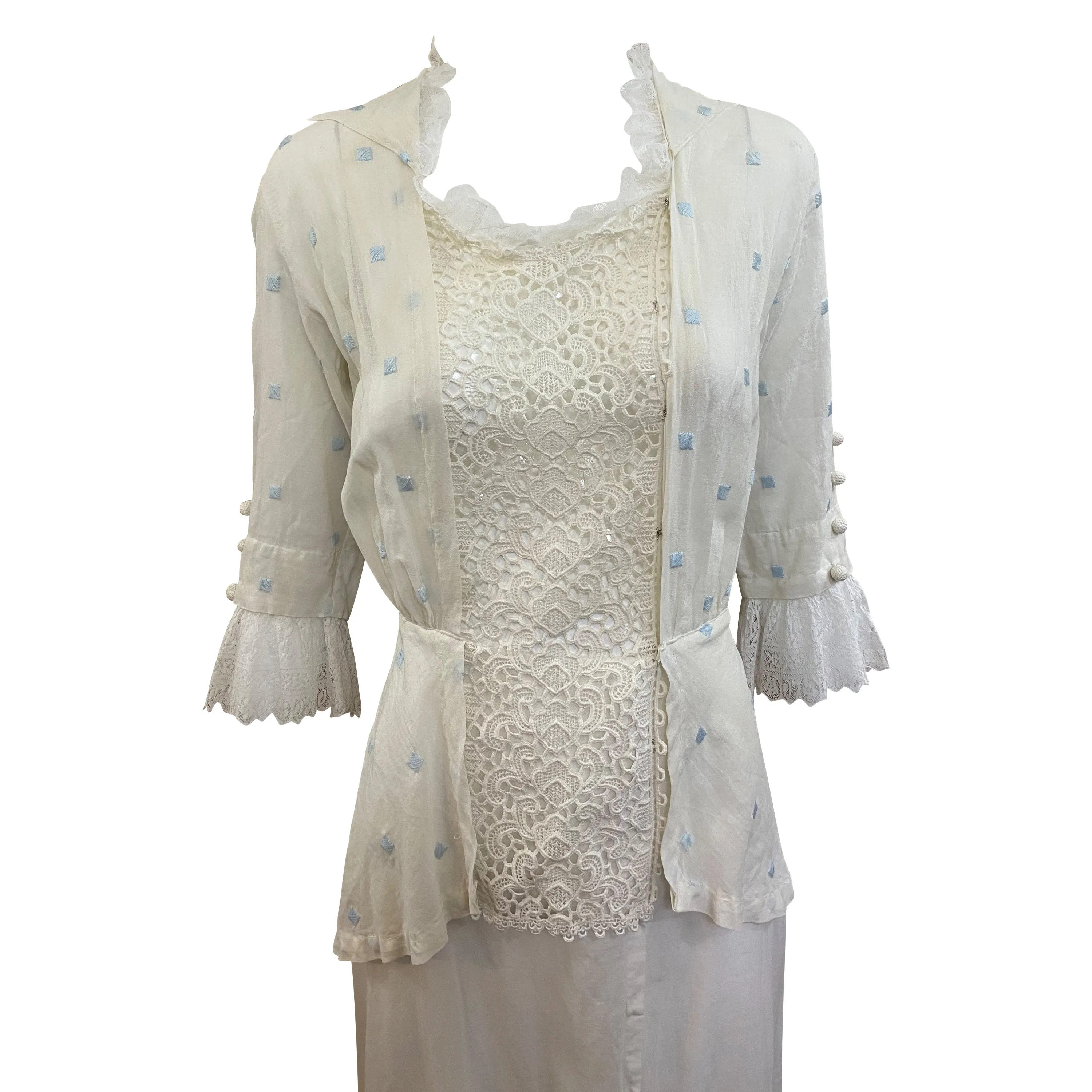 Edwardian White with Hand Embroidered Blue Polka Dot Lawn Dress