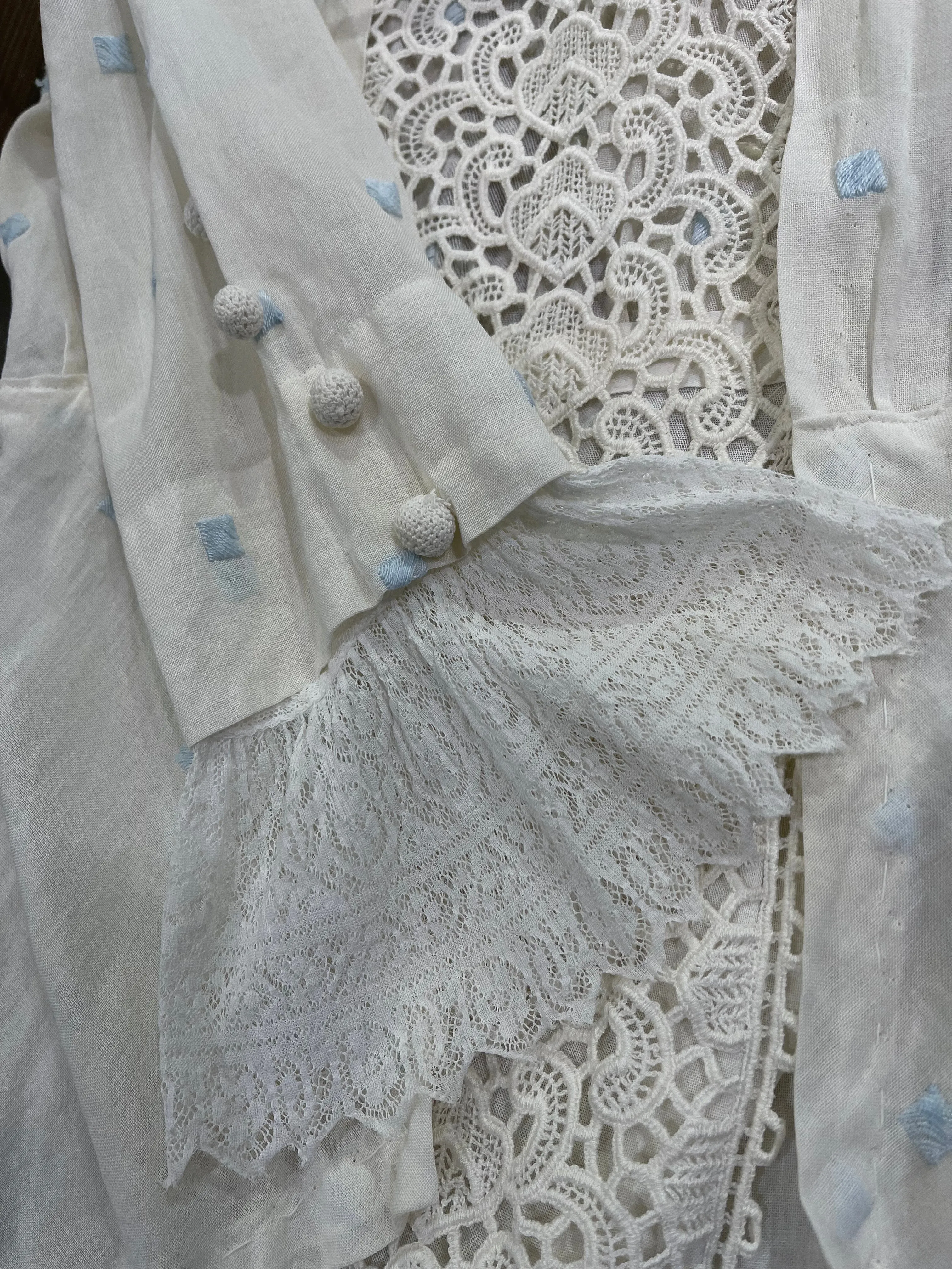 Edwardian White with Hand Embroidered Blue Polka Dot Lawn Dress