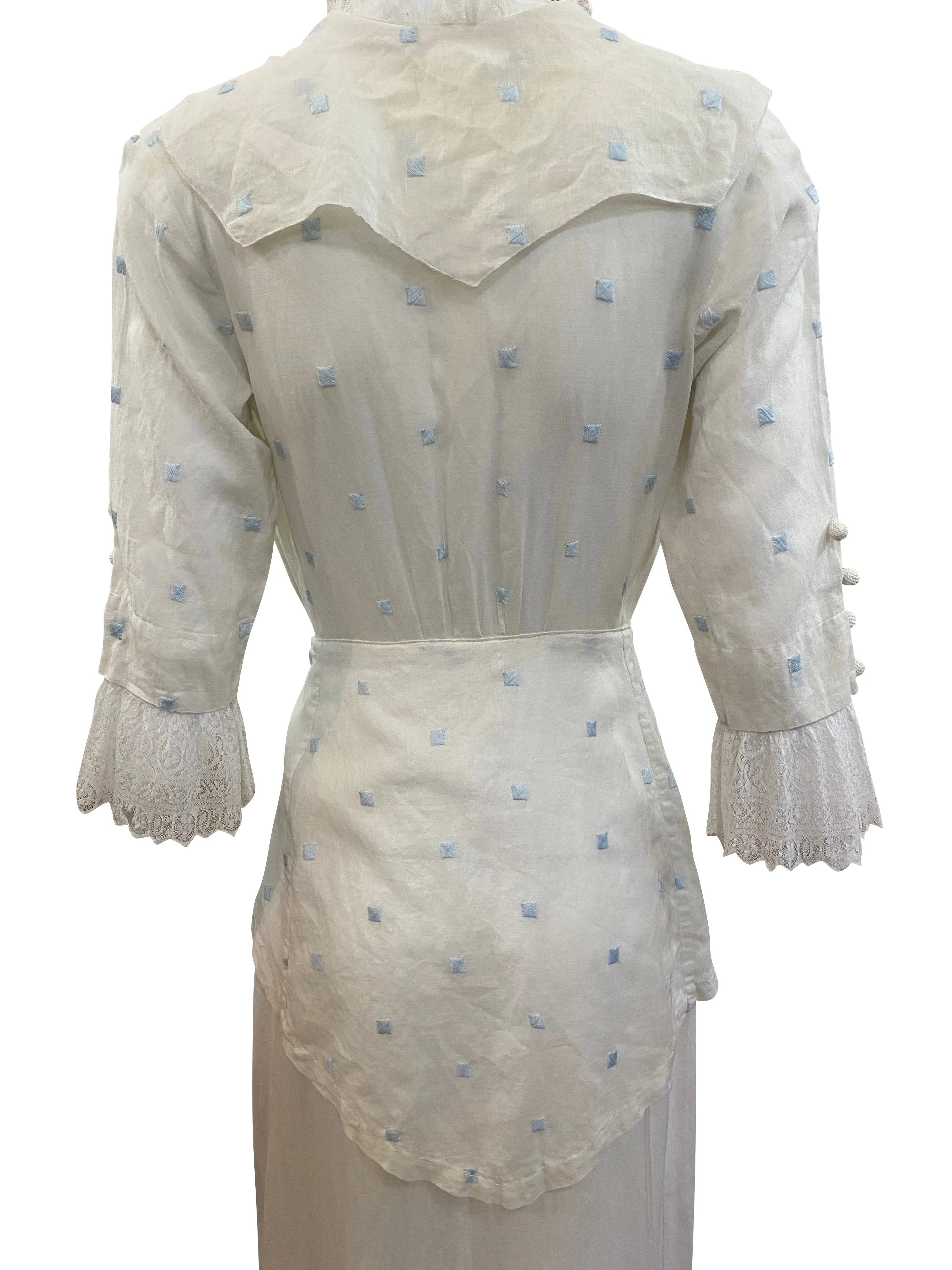 Edwardian White with Hand Embroidered Blue Polka Dot Lawn Dress