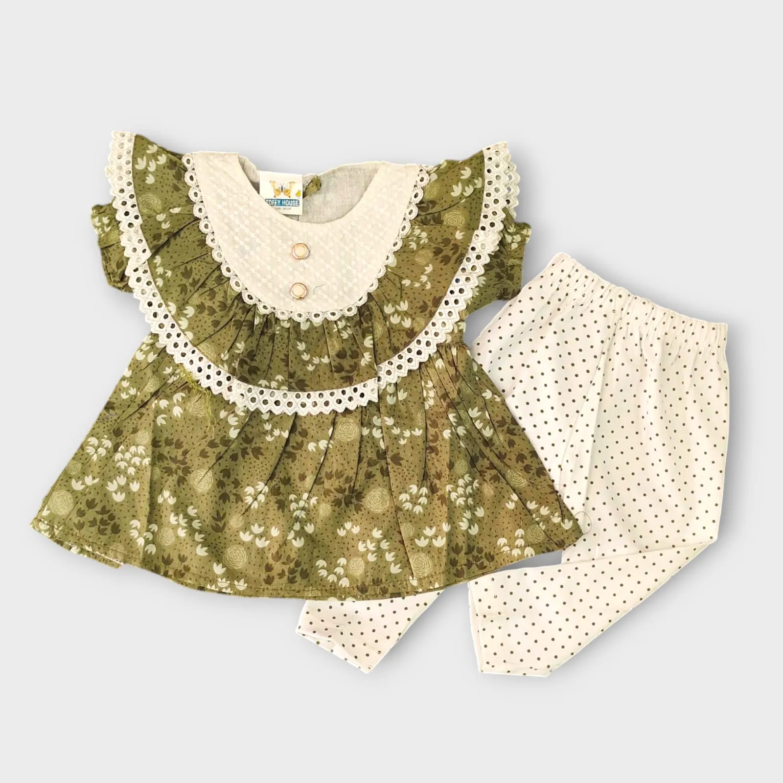 Elegant Summer Floral Baby Dress with Polka Dot Trousers – Stylish & Comfortable Outfit