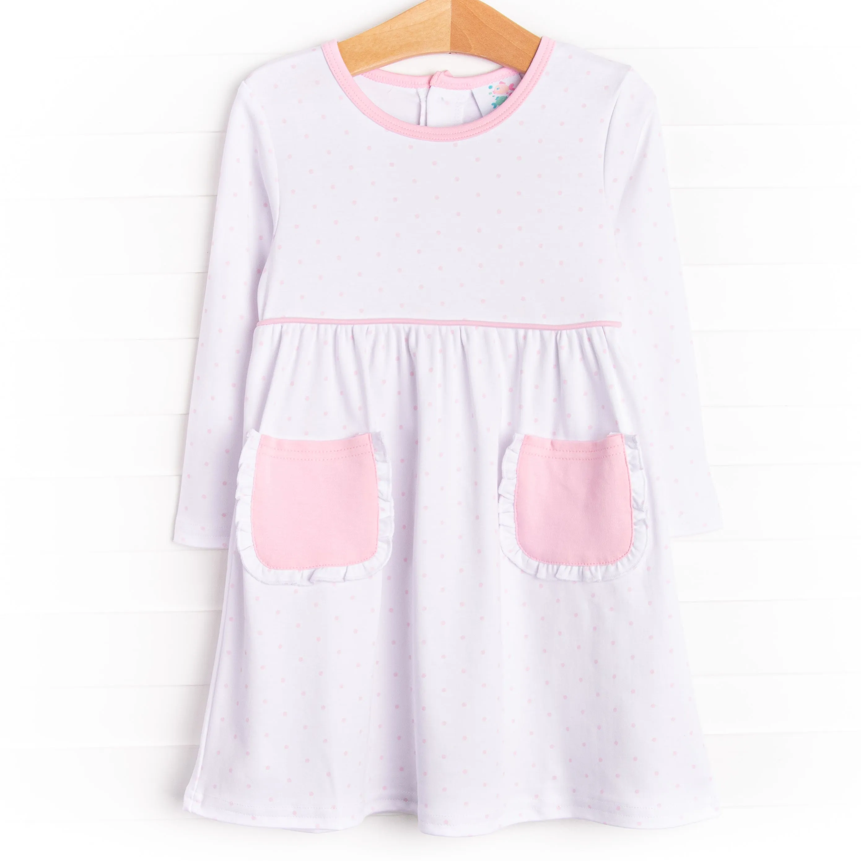 Ella Long Sleeve Pima Dress, Pink Bitty Dot
