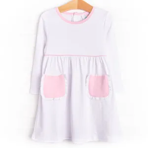 Ella Long Sleeve Pima Dress, Pink Bitty Dot