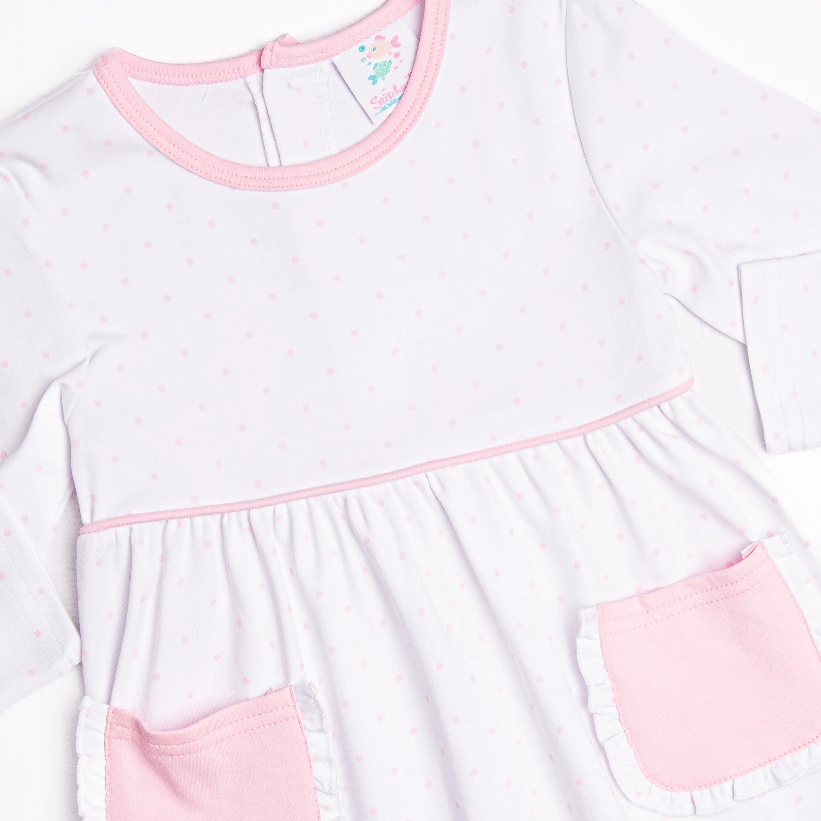 Ella Long Sleeve Pima Dress, Pink Bitty Dot