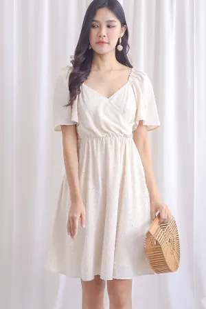 Elly Swiss Dot Flutter Sleeve Dress In Cream