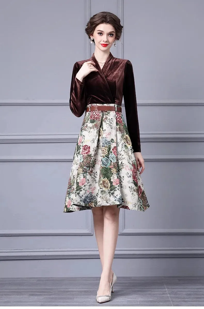 Esme Lace up Velvet patchwork Jacquard Vintage Ball Gown Dress