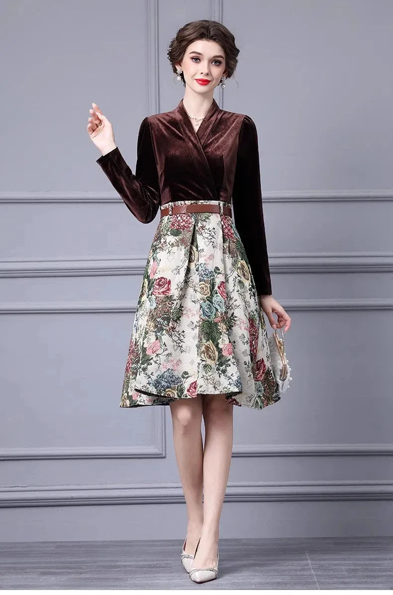 Esme Lace up Velvet patchwork Jacquard Vintage Ball Gown Dress