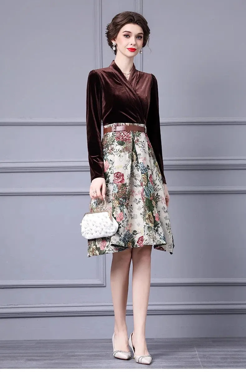 Esme Lace up Velvet patchwork Jacquard Vintage Ball Gown Dress