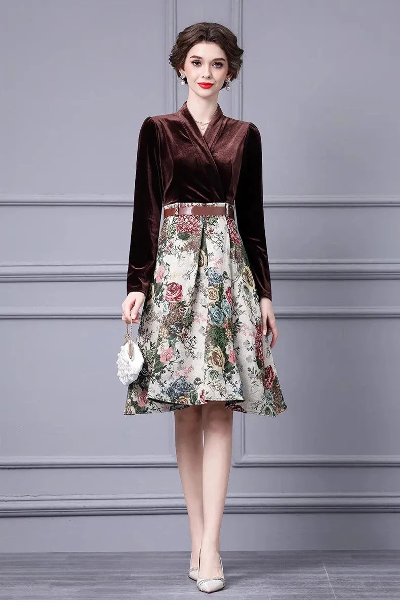 Esme Lace up Velvet patchwork Jacquard Vintage Ball Gown Dress