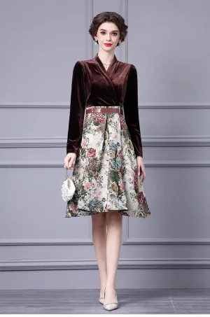 Esme Lace up Velvet patchwork Jacquard Vintage Ball Gown Dress