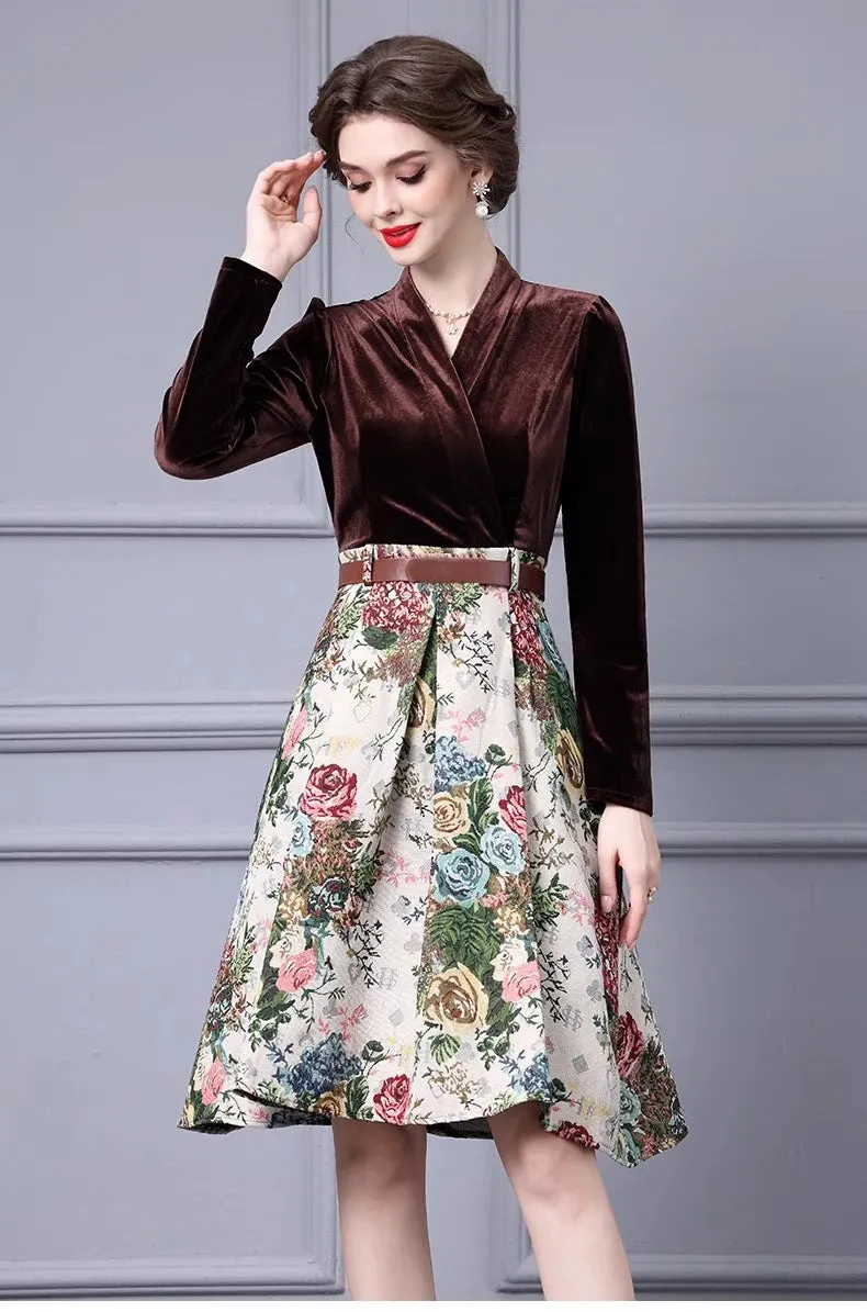 Esme Lace up Velvet patchwork Jacquard Vintage Ball Gown Dress