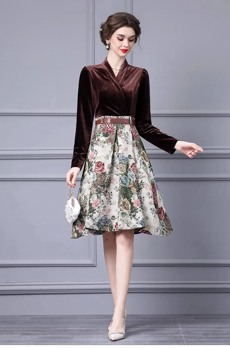 Esme Lace up Velvet patchwork Jacquard Vintage Ball Gown Dress