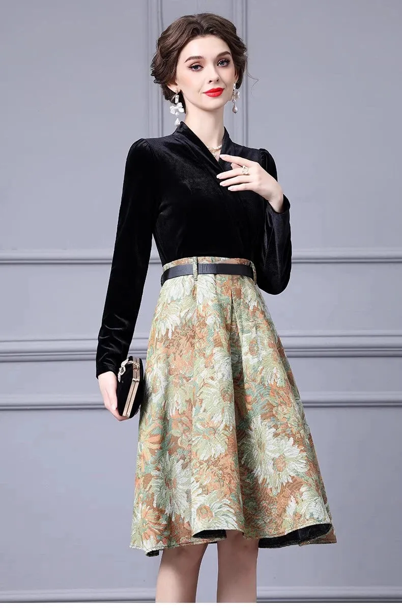 Esme Lace up Velvet patchwork Jacquard Vintage Ball Gown Dress