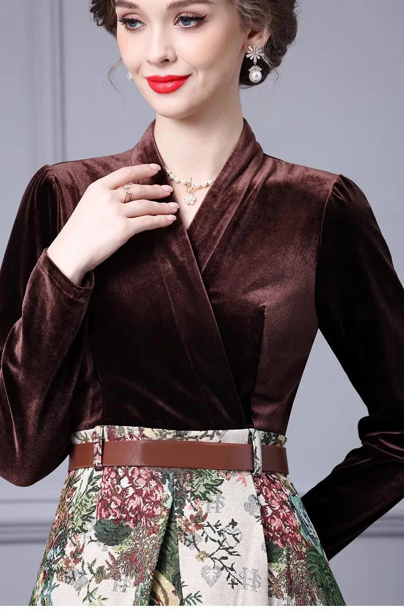 Esme Lace up Velvet patchwork Jacquard Vintage Ball Gown Dress