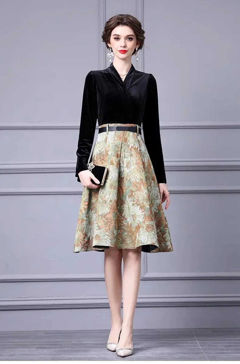 Esme Lace up Velvet patchwork Jacquard Vintage Ball Gown Dress