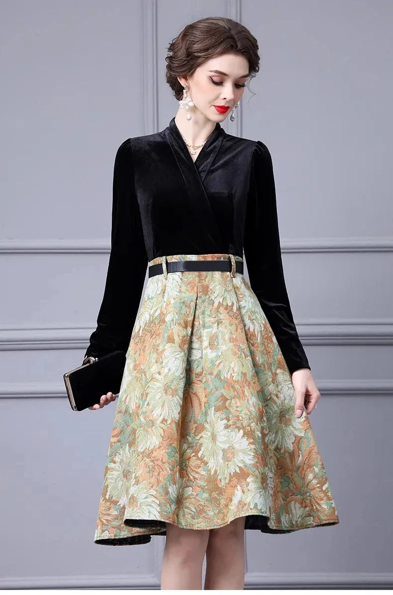 Esme Lace up Velvet patchwork Jacquard Vintage Ball Gown Dress