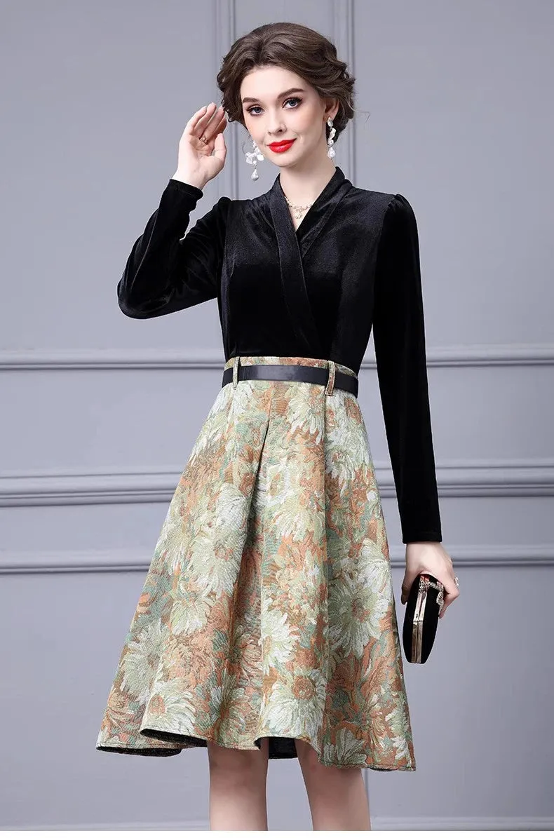 Esme Lace up Velvet patchwork Jacquard Vintage Ball Gown Dress