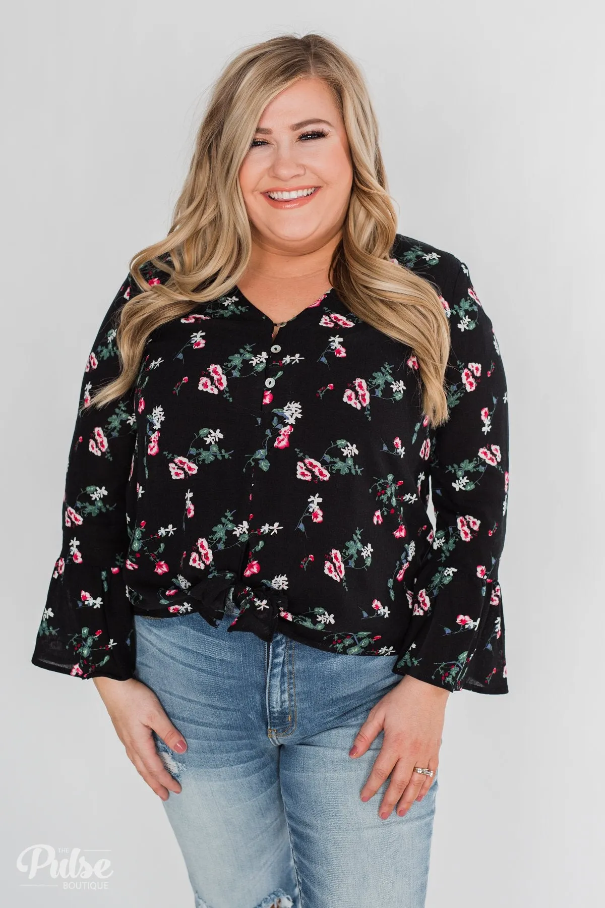 Everything & More Bell Sleeve Floral Blouse- Black
