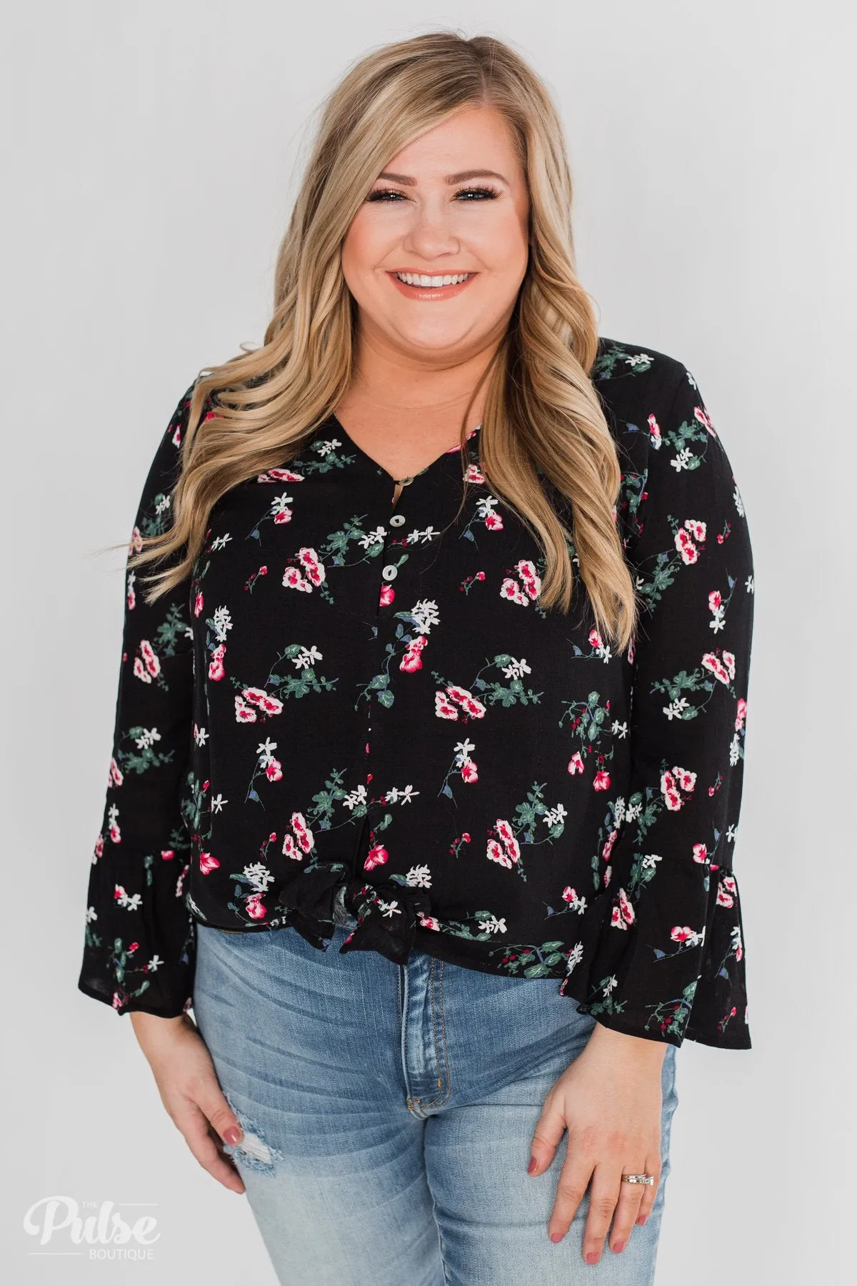 Everything & More Bell Sleeve Floral Blouse- Black