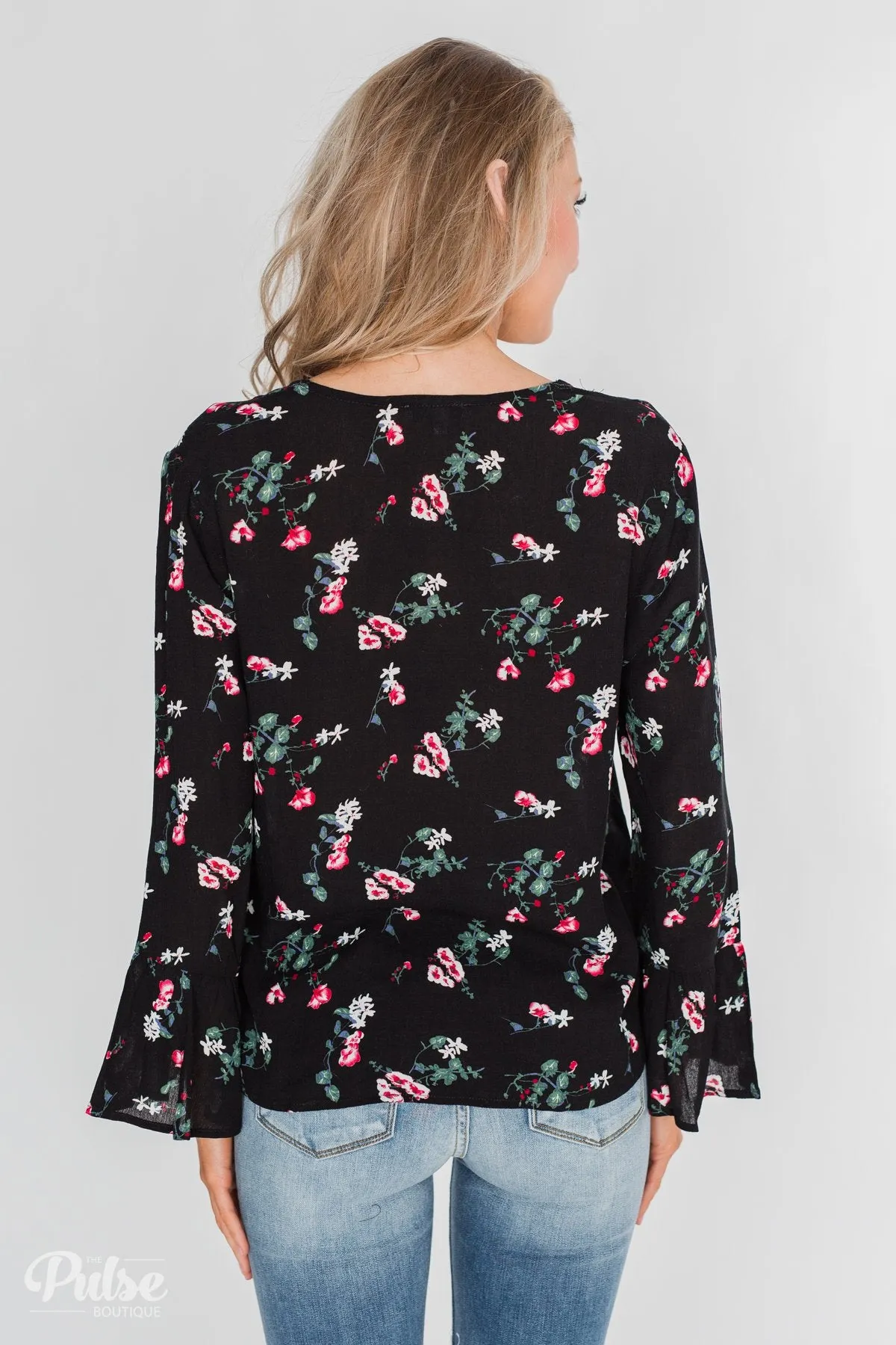 Everything & More Bell Sleeve Floral Blouse- Black