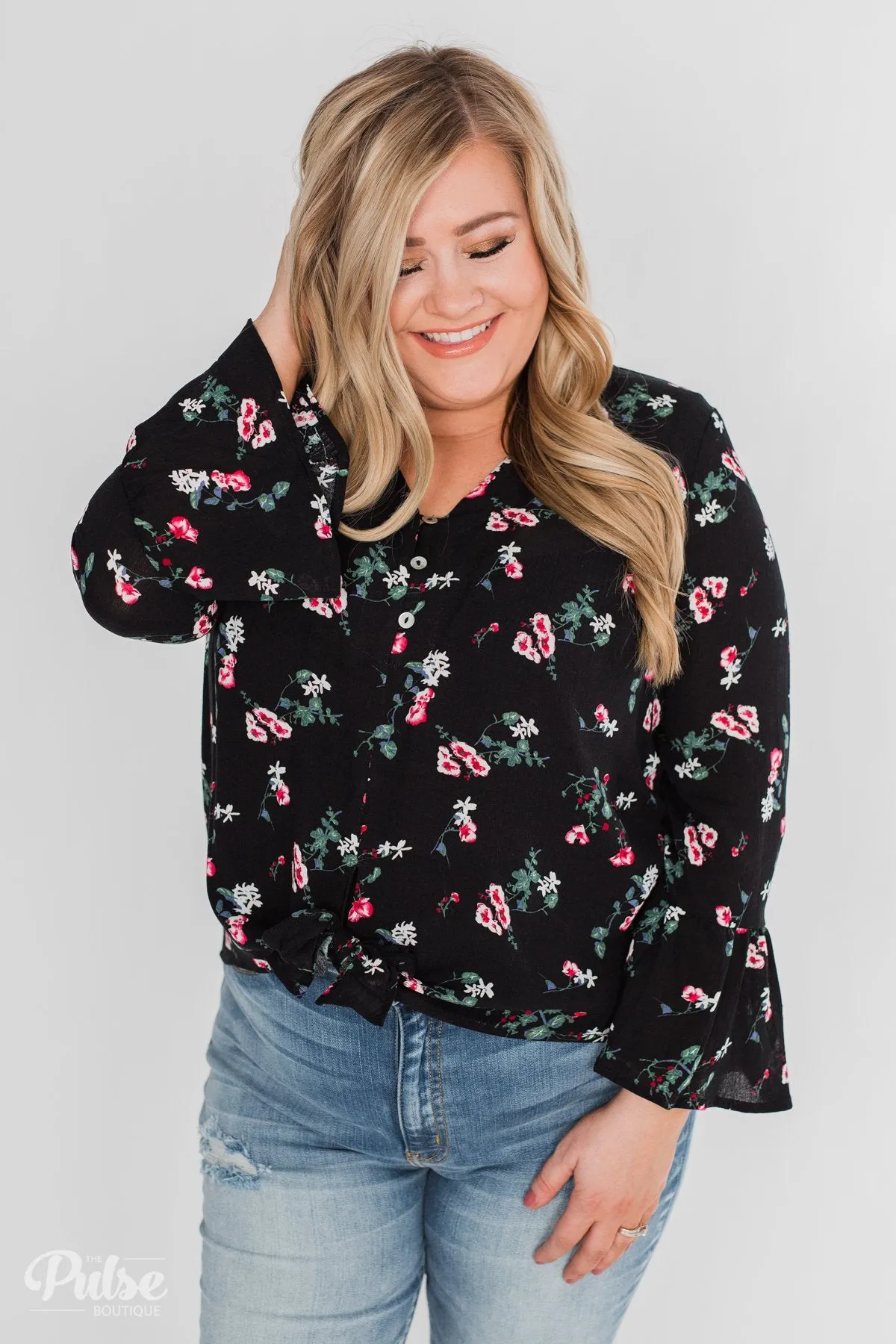 Everything & More Bell Sleeve Floral Blouse- Black