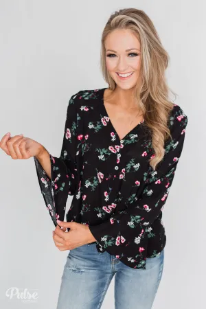 Everything & More Bell Sleeve Floral Blouse- Black