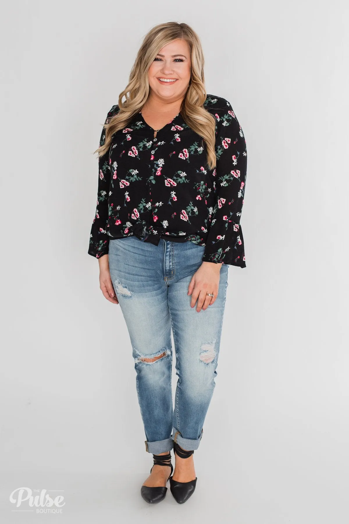 Everything & More Bell Sleeve Floral Blouse- Black