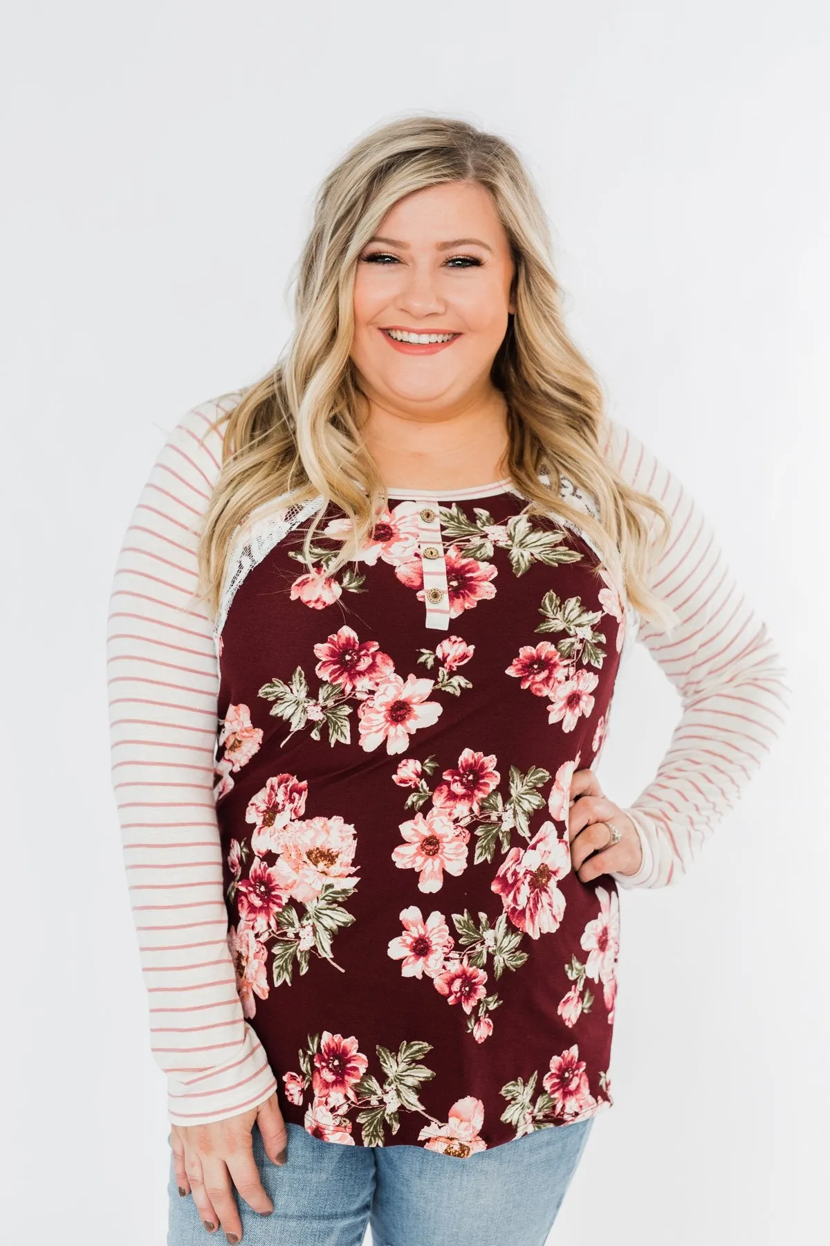 Everything You Need Floral Striped Top- Maroon & Ivory