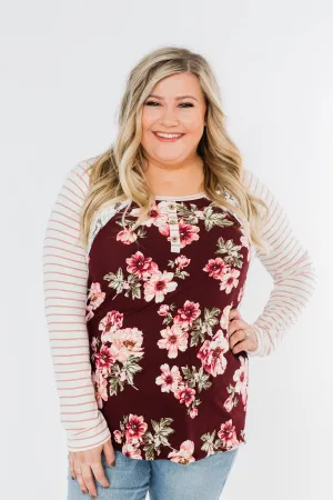 Everything You Need Floral Striped Top- Maroon & Ivory