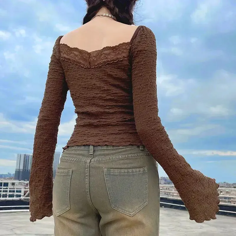 Fairycore Lace Detailed Shirred Top in Earthy Brown