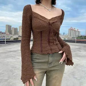 Fairycore Lace Detailed Shirred Top in Earthy Brown