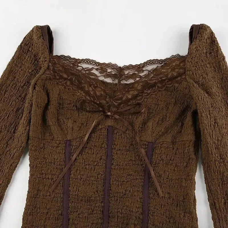 Fairycore Lace Detailed Shirred Top in Earthy Brown