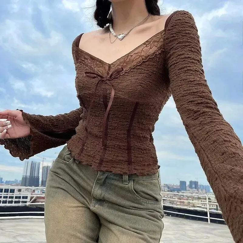 Fairycore Lace Detailed Shirred Top in Earthy Brown