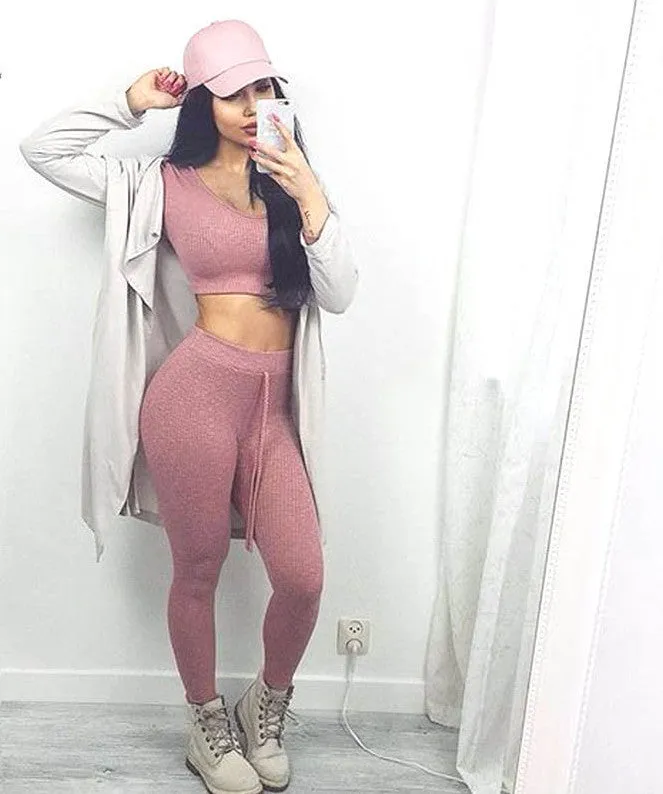 fashion cotton two pieces set women club wear clothing crop tops and pencil pants long sleeve two pieces outfits