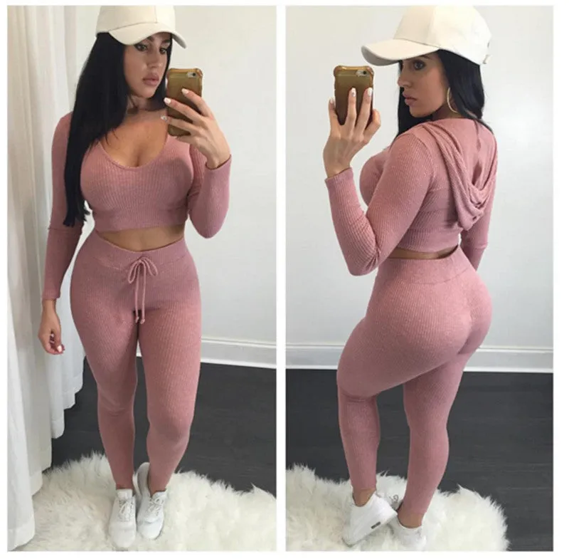 fashion cotton two pieces set women club wear clothing crop tops and pencil pants long sleeve two pieces outfits
