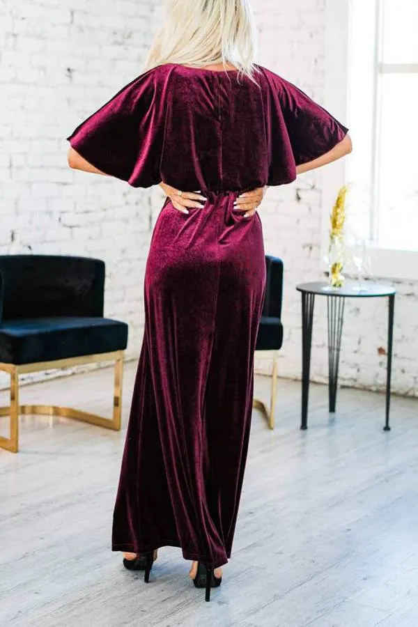 Fashion Velvet Round Neck High Slit Maxi Dresses