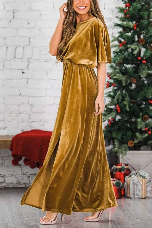 Fashion Velvet Round Neck High Slit Maxi Dresses