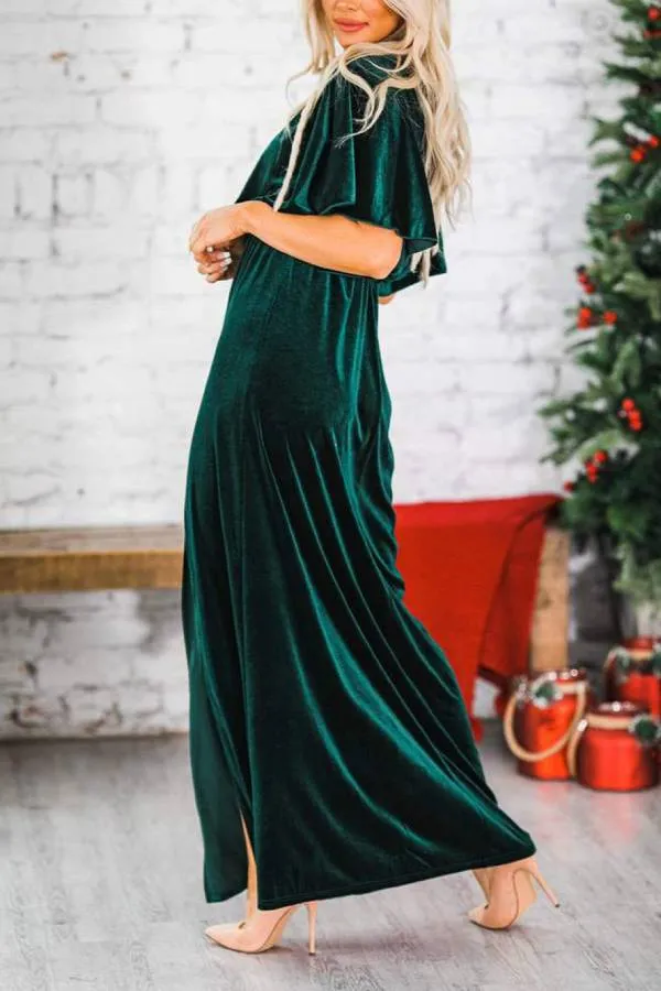Fashion Velvet Round Neck High Slit Maxi Dresses